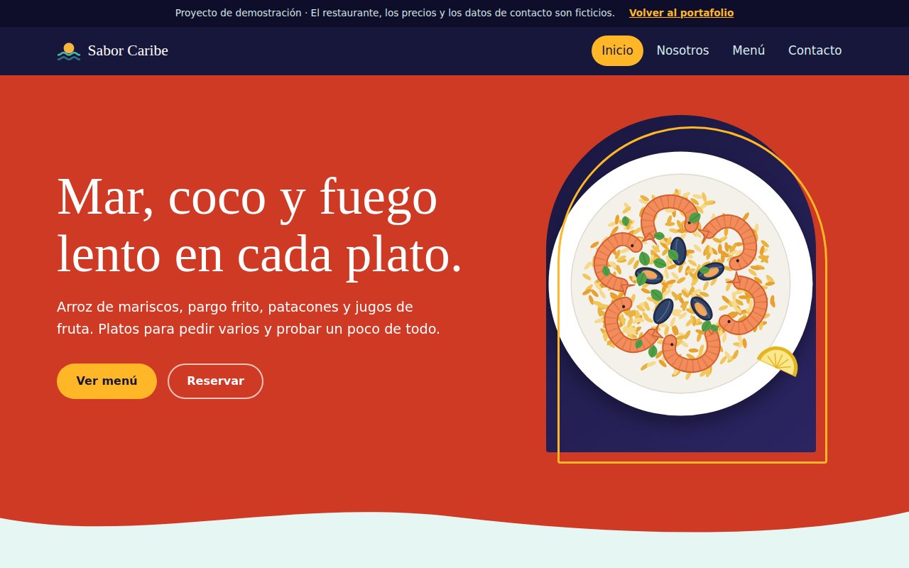 Vista previa de la página de Sabor Caribe: un restaurante ficticio de comida caribeña