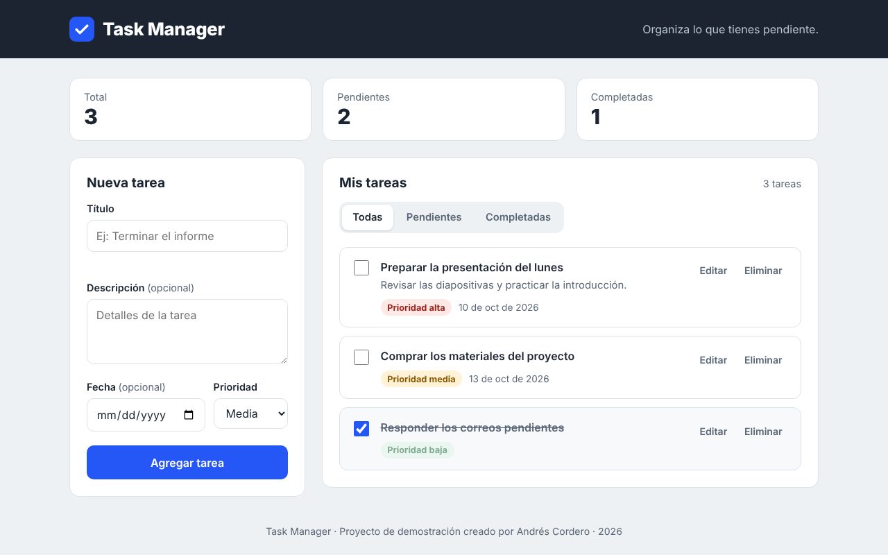 Vista previa de Task Manager: una aplicación para administrar tareas